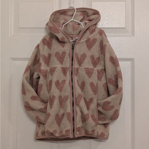 Girls Hanna Andersson Fleece Heart Hooded Full Zip Jacket 6-7 Beige Pink